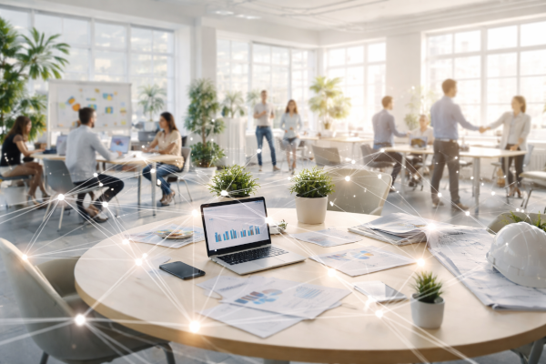 Nosotros. Desarollo profesional. Espacio de trabajo colaborativo con profesionales interactuando, portátil con gráficos y documentos sobre formación y desarrollo profesional, representando el ecosistema laboral y la conexión entre talento, empresas e instituciones.