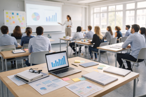 Nosaltres. Desenvolupament professional. Aula moderna amb professionals en formació, portàtil amb gràfics i documents sobre desenvolupament professional, representant programes formatius, certificació i qualificació per a l’ocupació.