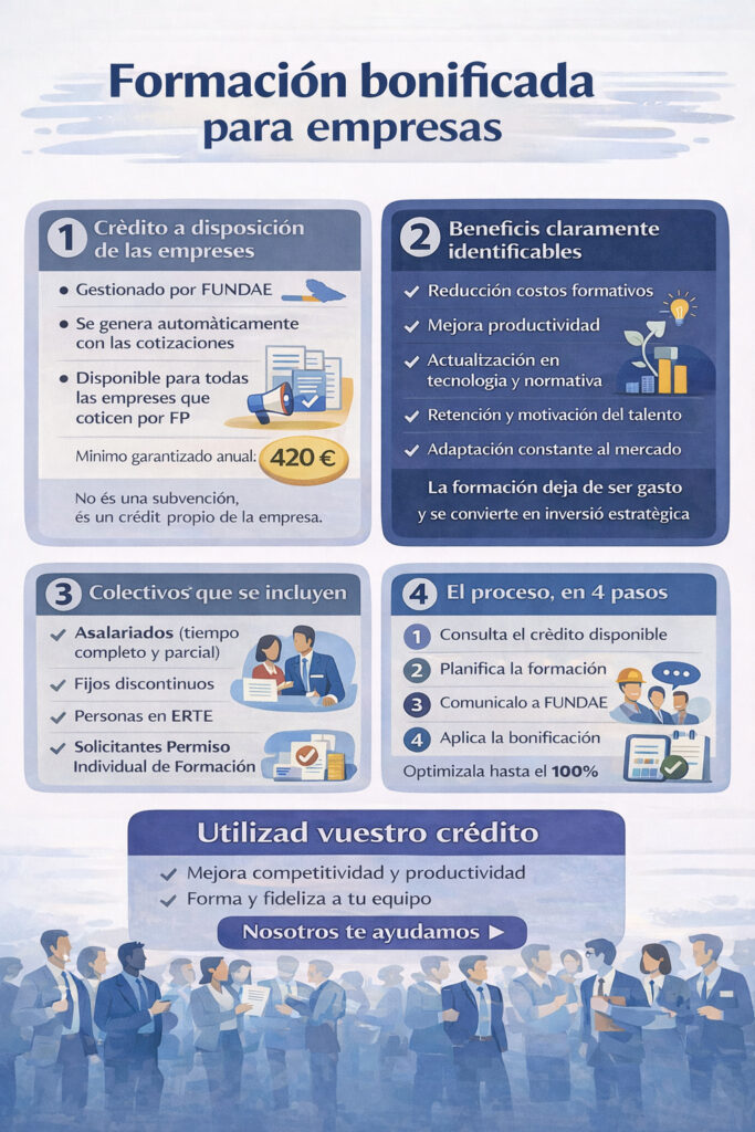 Infografía sobre la formación bonificada para empresas con información sobre el crédito disponible, los beneficios, los colectivos incluidos y los pasos para aplicar la bonificación a través de FUNDAE.