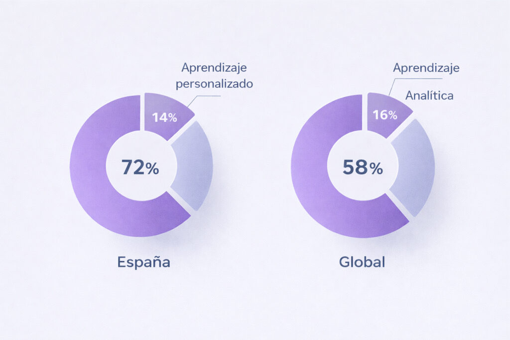 Gràfic comparatiu en anells que mostra el major pes de l'aprenentatge personalitzat a Espanya enfront del focus en analítica de l'aprenentatge en els resultats globals.