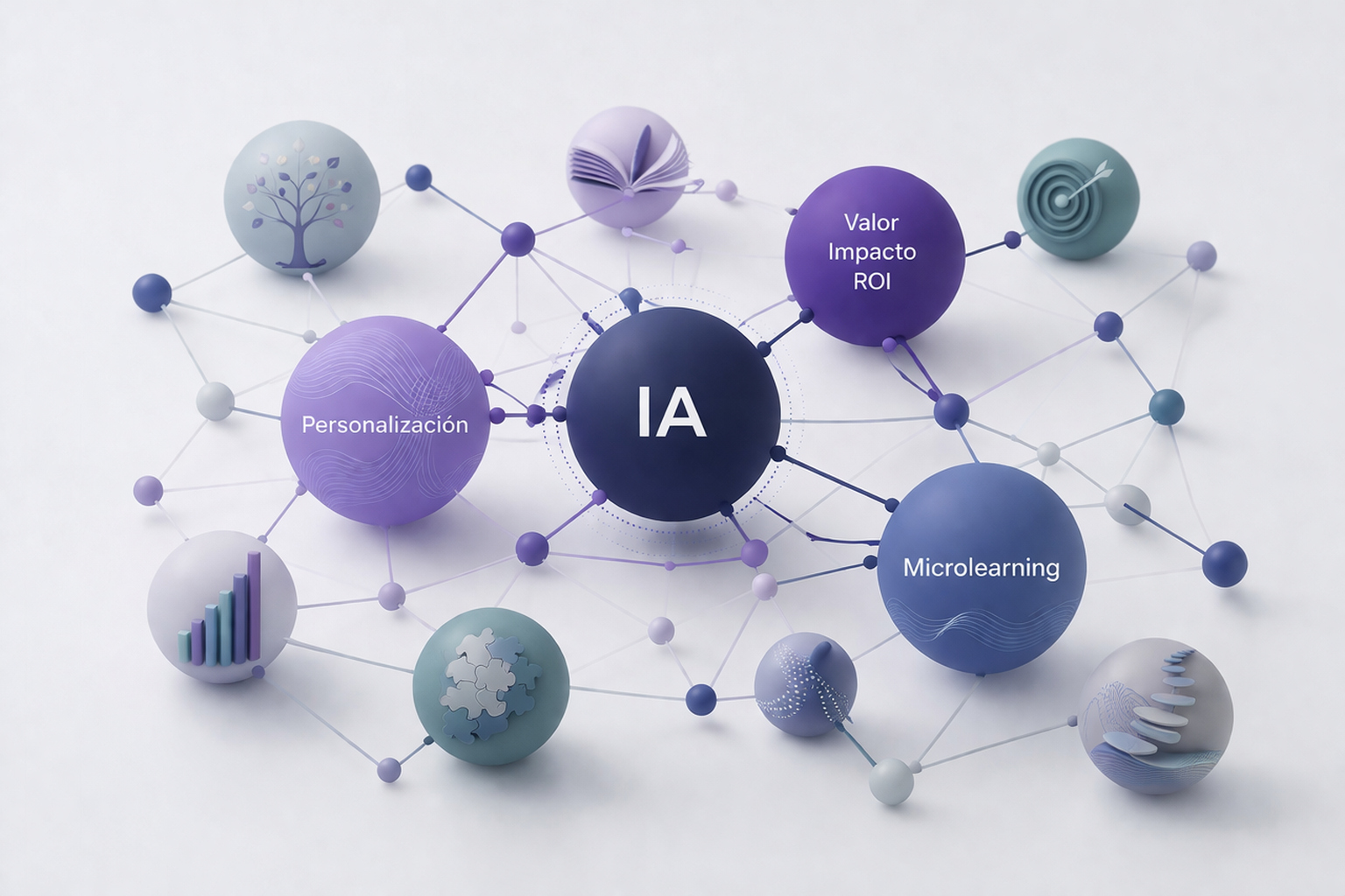 Esquema visual de inteligencia artificial aplicada al aprendizaje corporativo, conectando personalización, microlearning y medición del impacto y ROI de la formación en la empresa.